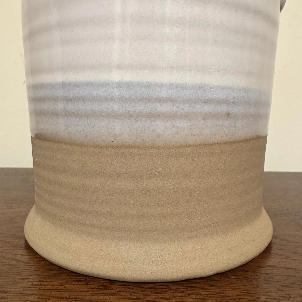 Vintage Two Tone Stoneware Pottery Jug Cream and Tan Glazed Farmhouse Pitcher